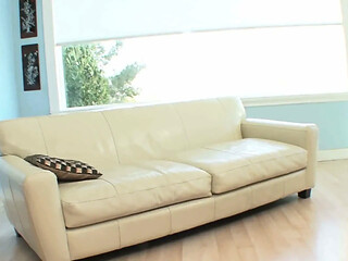 Catching up on the Couch - Platinum Blonde and Tanned Brunette Lick Each Other