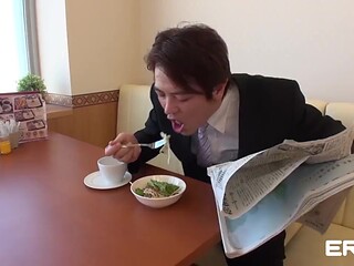 Busty Japanese waitress gets a pounding in multiple positions