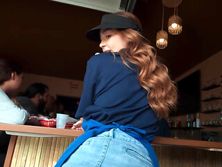 Petite redhead gets fucked and sucked in busy coffee shop
