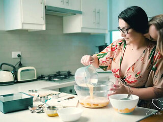 Blonde Charlie Forde and Brunette Chasey Devil Lesbian Cake Baking Sex with Big Natural Tits and Glasses