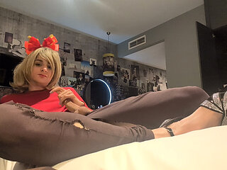 Girly Heather showing off her monster cock