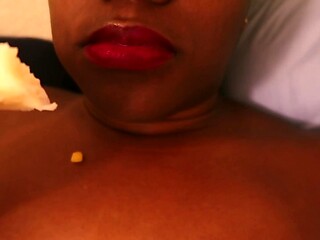 Ebony babe eats food in naked public ASMR/mukbang session