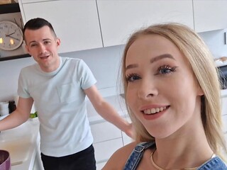 Russain cutie Nata Ocean sucks cock in the kitchen while you watch from behind