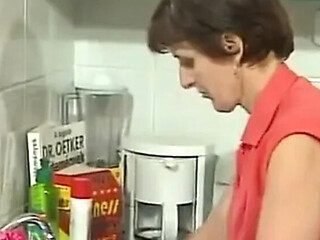 Hairy mature MILF gets plowed in the kitchen