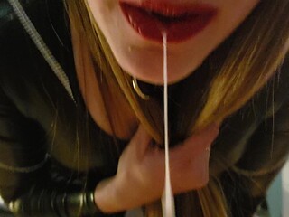 Mistress in black latex dominates and punishes her slave