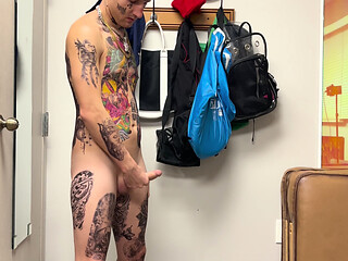 Face Tatted Twink Jerking While Dildo Fucked