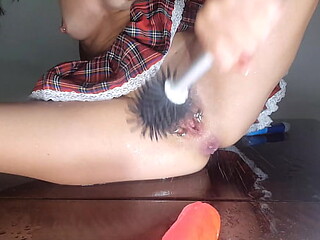 Roughed up and gushing with toilet brush play