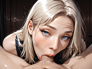 Blonde Colombian Blue Eyes Kneeling Sucking Thick Cock Of Her Boyfriend With Desire, Blowjob Deep Full Throat, Saliva Cumming