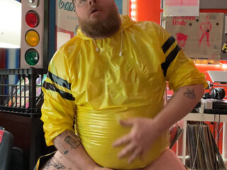 Chubby rubber bear slams his saline inflated big balls, rubs his chunky belly and fucks himself