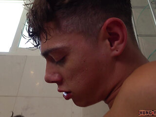 Voyeuristic Hardcore Sex Two Hunks Switch in the Shower
