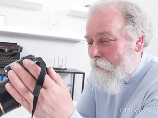 Grey Haired Old Man Seduces Brunette Babe For Hot Sex On Camera - Blowjob, Doggy Style & Cum In Mouth