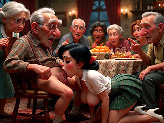 Elderly dinner turns explicit when an woman arrives to pleasure the guests (AI generated)