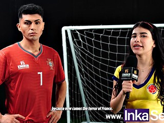 Inka Sex: Mexxxie and Cristiano Penaldo pound their throbbing cum-filled balls against a Colombian reporter