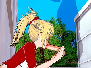 Mordred gets a creamy facial in a 3D anime