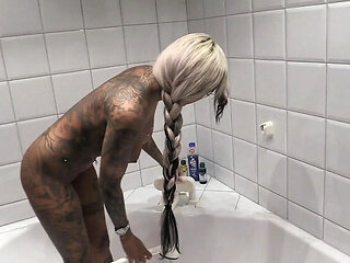 German MILF Mila Elaine with huge tits gets fucked hard in bathroom doggy style and sucks cock for a cum in mouth finish