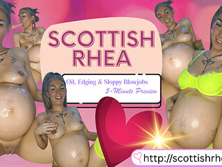 34-Week-Pregnant MILF Scottish Rhea Oils Body & Gives Sloppy BJ (Dildo)