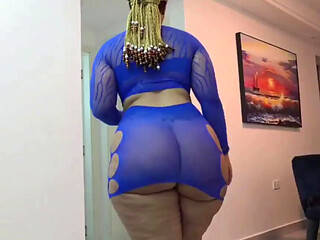 Ebony woman in the blue bodysuit gets her massive rear hammered hard