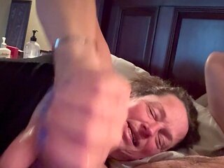 Wife Plays with Her Man's Cock Wet Hand Job