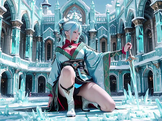 Ice Throne! Silver-haired Mage in Red-green Gown Kneeling, Blue-haired Partner Teasing in Realm!