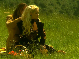 Western Meadow Sex - Curly Blonde in Stockings Fucked Doggy in the Grass