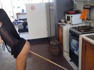 Incredible - Beautiful Stepmother Masturbates in the Kitchen with a Broomstick