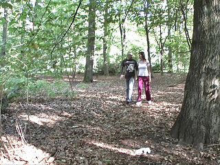 Amateur redhead fucks bald guy in the woods