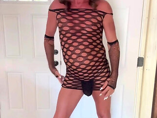 Chastity Cage and a Fishnet Dress