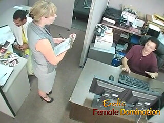 Femdom milf jizzed on feet after slave jerking his black cock