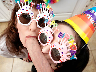 Stepmom and stepaunt birthday blowjob