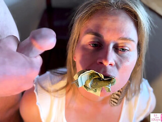 Perfect submissive slut takes dollar bills in her pussy