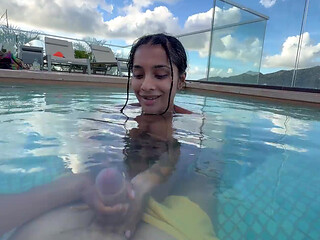 She sucks my dick a little bit and jerks me off in the pool