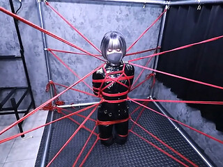 Amateur GF gives a deepthroat blowjob while tied up with red cords