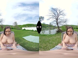 Brunette teen gets a VR creampie outdoors