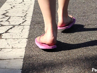 Giantess Autumn Walking in Her Flip Flops