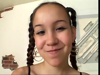 Brunette with pigtails sucks and slurps a fat cock on couch