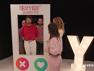 Blonde with pierced nipples kisses then takes doggy on a real life sex game show