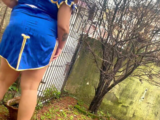 BBW Chun-li Cosplay Exhibitionism in the Garden