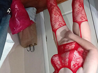 My crazy stepmom in red stockings masturbated so loudly and hotly that I couldn't resist and joined her