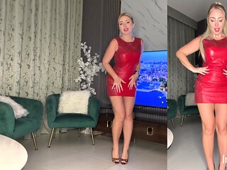 Blonde bombshell tries on red mini dresses, gets naked and shows off her body