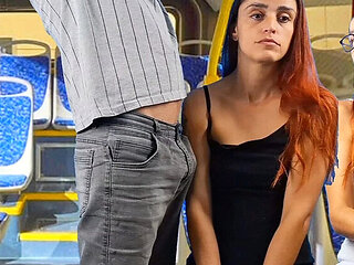 Public Bus Sex: Hot Redhead Fanny Squirts While Stranger Rubs Cock on Her
