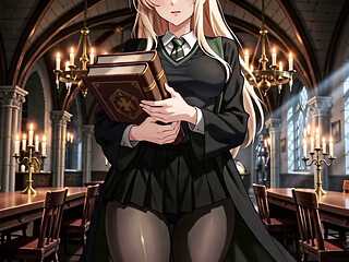 Draconia Malfoid has an affair in the library of her magic school.