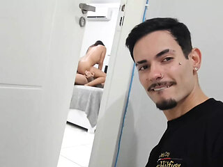 My husband's friend came home, caught us having sex in the bedroom and then sat me hidden while the cuckold was in the shower.