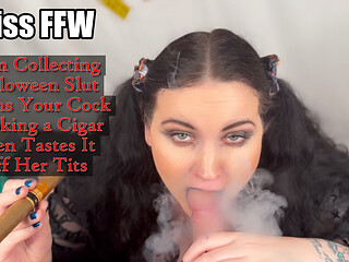 Cum Collecting Halloween Slut Drains Your Cock Smoking a Cigar Then Tastes It off Her Tits