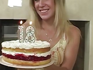 Flaming Hot Blonde Girl with a Birthday Present Gives H...