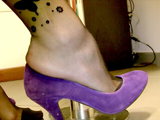 Shoeplay in Violet Soft Pumps and Black Butterflied Pantyhose