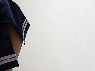 Busty Tanned Japanese Surfer Girl in Braless Student Uniform, Mini Skirt, Wedgie Thong Panties, Socks, Sexy Apartment Cleaning