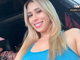 Public blowjob with cum on face as Katty Blake gives a thrilling fellatio