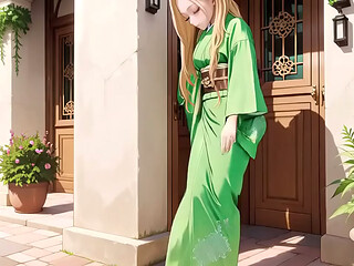 Green Kimono Goddess! Lazy Japanese Corridor Morning with Hazy Gaze