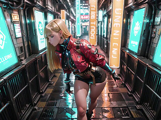 Cyber Queen's Wet Fantasy! Red leather jacket glistening under neon rain, kneeling pose that breaks the armor