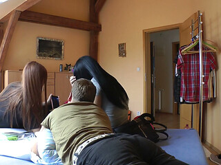 Five girls with their friend at home getting playful